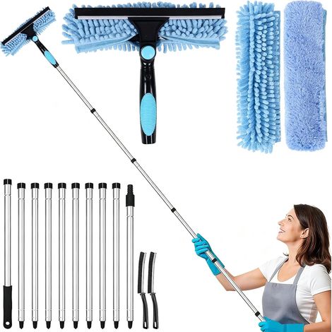 Lavage Vitres Hautes & Vérandas : Raclette 2-en-1 avec Perche Télescopique 3,85 m & Microfibres (1/5)
