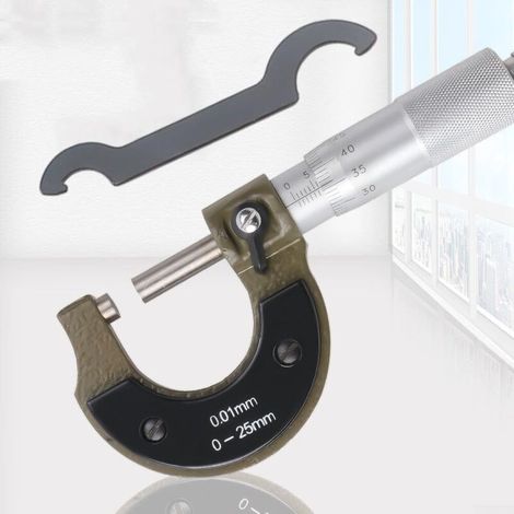 Micromètre extérieur 0 25 mm avec graduations métriques de 0 à 01 mm, faces en acier au carbure, cadre émaillé et mécanisme de verrouillage pour un étalonnage externe précis (1/5)