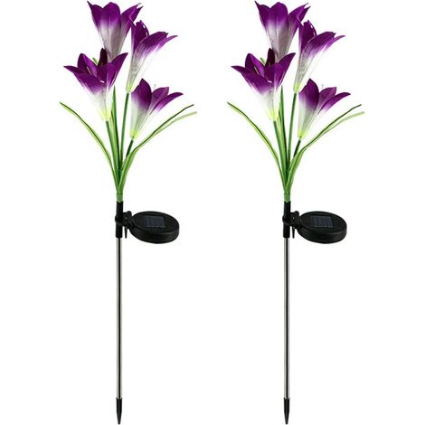 Luces solares para exteriores, flores decorativas, 2 piezas, luces de jardín solares impermeables con 4 flores de lirio, luces de paisaje LED que cambian de color para patio, jardín, terraza, púrpura (1/5)