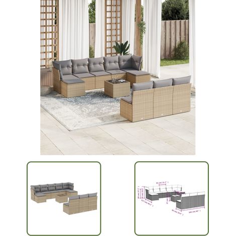 The Living Store 11-tlg. Garten-Sofagarnitur mit Kissen Beige Poly Rattan - Gartenmöbel - Esszimmergarnituren - Outdoor Möbel - Lounge Set - Rattan Sofa