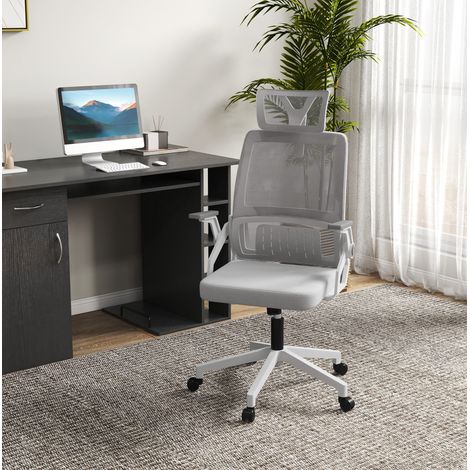 Ergonomischer Bürostuhl aus Mesh grau, Lordosenstütze, verstellbare Kopfstütze, Wippfunktion, 58x61x102-119 cm (1/5)