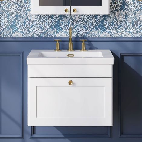 Nuie Classique Wall Hung 1-Drawer Vanity Unit with 3TH Contemporary Basin 600mm Wide - Satin White