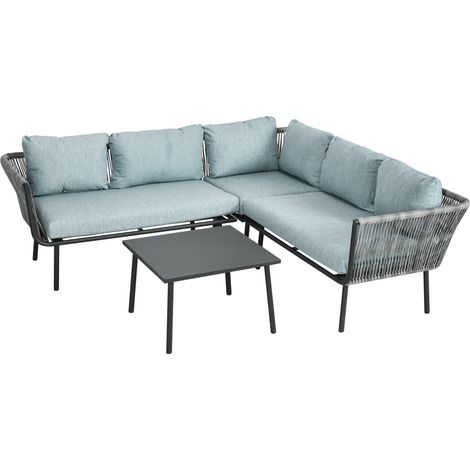Ensemble salon de jardin 4 pièces en rotin synthétique avec coussins, 2 canapés d'angle doubles, 1 canapé d'angle simple et table basse aluminium (1/5)
