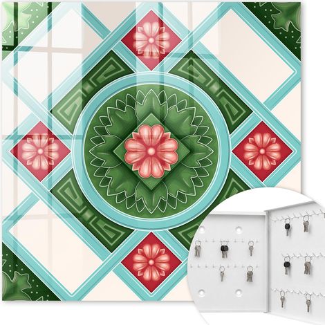 Armoire à clés - (30 cm x 30 cm) - Boîte à clés murale - Coffret de rangement pour clés - Couleur blanche - Ouverture vers la droite - Pour maison et bureau - géométrie florale