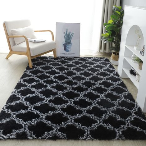 Tapis Marocain Luxe 160x230cm Motif Géométrique Poils Longs Ultra Doux Salon Chambre Enfant Noir Blanc Décoration Tendance (1/4)