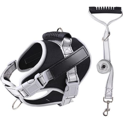 Harnais réfléchissant pour chien, réglable, avec laisse, pour grands chiens, idéal pour les promenades en extérieur. Noir, taille M. (1/5)