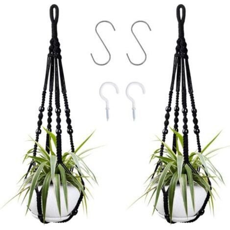 Suspension Pour Plantes - 2 Paires - Corde Coton Noire - 85 Cm - Perles Bois - Intérieur Salon Balcon (1/5)