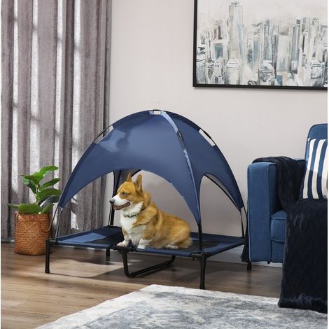 Lit pour chien d’extérieur pliable avec auvent, surélevé, acier, bleu foncé (1/5)
