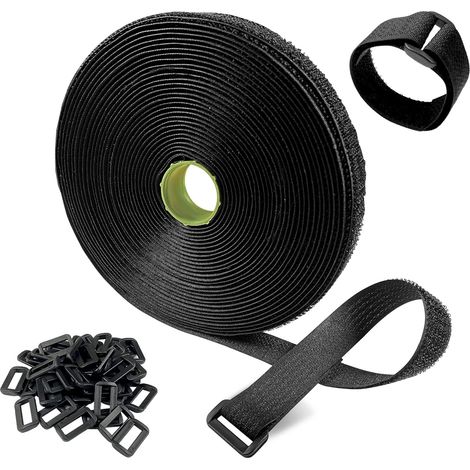 10 m lange Nylon-Kabelbinder, individuell zuschneidbar, mit 50 Schlaufen, wiederverwendbar, 2,5 cm breit, zum Organisieren von Kabeln, Rohren und Seilen, Schwarz