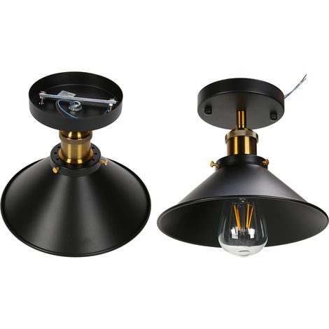 Plafonnier industriel rétro noir fer E27, certifié CE+UL, style ferme métallique, pour couloir cuisine escalier, 85-240V, lot de 2 sans ampoule. (1/5)