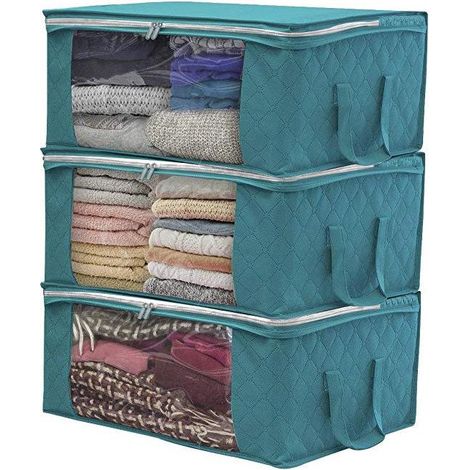Lot de 3 Boîtes de Rangement Pliables (Bleu), 49 x 36 x 21cm, Sac de Rangement Sous Lit, Tissu Non Tissé Épais Imperméable, Idéal pour Couettes, Couvertures, Oreillers, Jouets, Vestes et Vêtements (1/3)