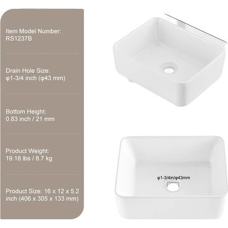 Vasque, céramique rectangulaire, drainage efficace, 16x12 in (1/2)