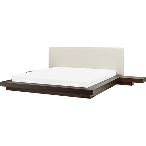 Cama moderna 160 x 200 cm con plataforma mesitas de noche cabecero de piel sintética MDF madera de fresno oscuro Zen (1/5)