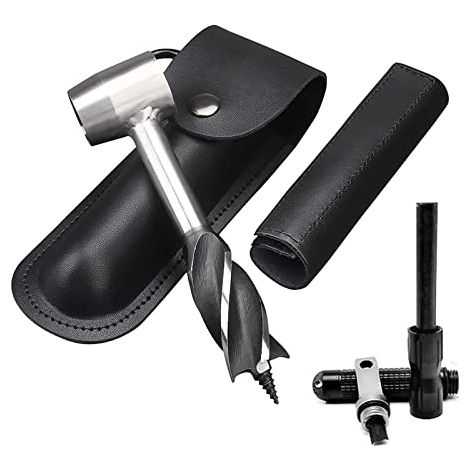Bushcraft Gear pour colons de survie, clé à tarière manuelle avec silex, scotch œil à bois, cheville et outil de perçage manuel avec étui en cuir pour camping et randonnée en plein air (1/5)
