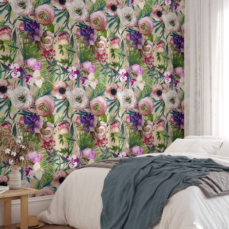 Carta da Parati Floreale con Fiori Rosa in Fogli di Carta, 250x200cm (1/5)