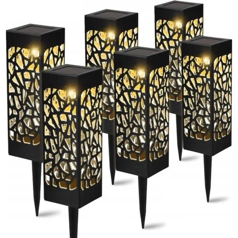 Lampada solare da giardino, 6 pezzi, lanterna a LED traforata per piantare un palo, colore nero (1/5)