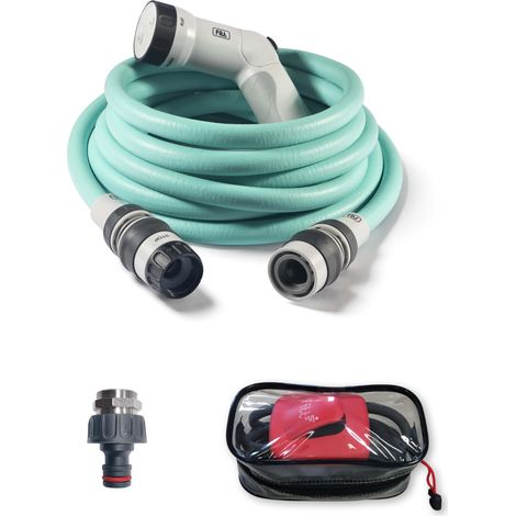 FITT IKON PLUS 15 m - Gartenschlauch, ausziehbar, kompakt, leicht und sofort einsatzbereit, mit Multifunktions-Pistole, Tippen-Adapterbuchse und Haken für Zäune, Aquamarine