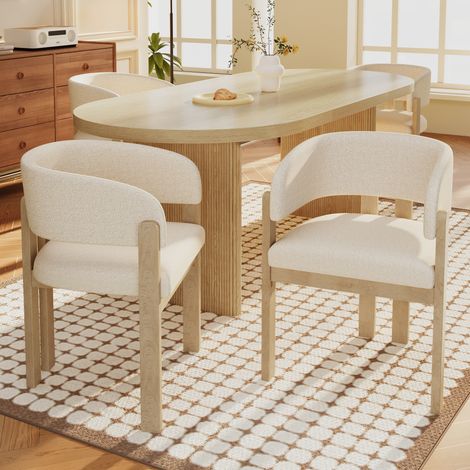 Lot de 4 chaises en bois massif avec accoudoirs - Structure en bois massif - Tissu bouclé - Naturel (1/5)