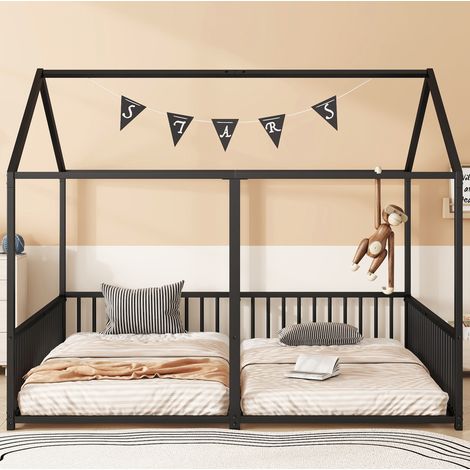Letto a castello 186x206x174.5 cm nero in metallo a forma di casetta con scala e sponde (1/5)