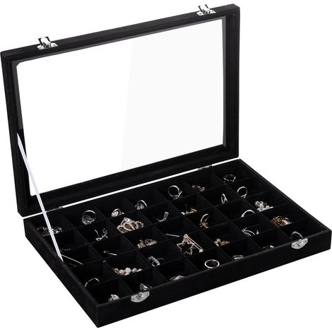 plateau de bijoux 35 compartiments velours beige avec couvercle en verre et séparateurs réglables (1/5)