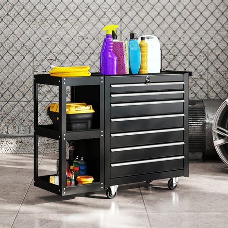 Servante d'Atelier en Acier à 7 Tiroirs, Chariot à Outils sur Roulettes avec Étagère Latérale Amovible, Noir (1/5)