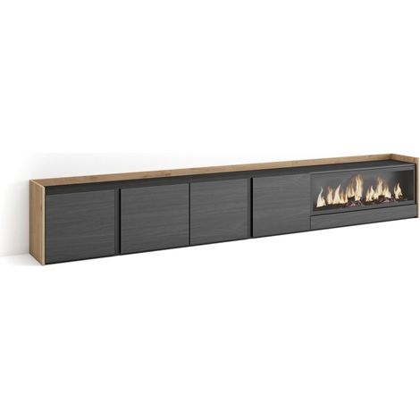 Skraut Home - Mueble TV, Televisión, Muebles de salón, almacenaje, 315x35x50cm, Para TV hasta 80", Chimenea eléctrica XXL, Estilo Moderno, Negro y roble (1/5)