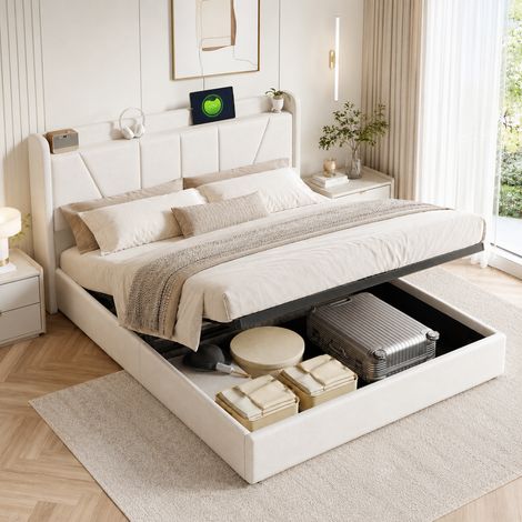 Lit double 140x200 cm avec usb, lit coffre avec rangement hydraulique et sommier à lattes, lit capitonné pour adulte et adolescent,beige lin (1/5)