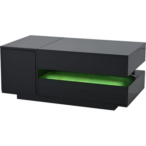 Table basse noire laquée 95x50x40 cm avec LED, 1 tiroir, 1 placard et rangement dissimulé, réglable en hauteur jusqu'à 54,5 cm (1/5)