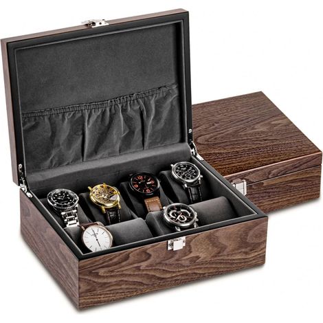Uhrenbox aus Holz mit 8 Fächern, Glasdeckel, mechanischem Uhrwerk, Armbandaufbewahrung und Klappe.