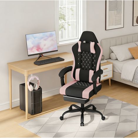 Chaise gaming en tissu et maille noir/rose avec massage lombaire, appuie-tete, inclinaison 90-145°, 70 x 70 x 127 cm (1/5)