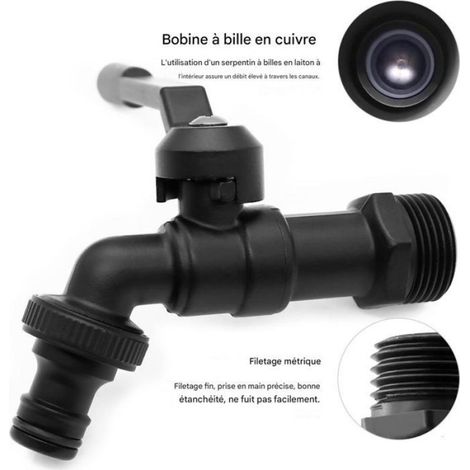 Robinet De Jardin - Laiton 3/4 Pouces - Résistant Au Gel JusquÀ -20 °C - Résistant À La Chaleur JusquÀ 120 °C - Avec Raccords Tuyau - Noir (1/5)