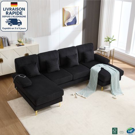 MODFU - Sofá esquinero de 4 plazas con 4 cojines, LED, forma de U, puerto USB, tela de pana, 265×135×88 cm, negro (1/5)