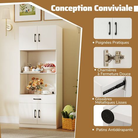 Buffet de cuisine blanc avec station de charge, 4 portes, tiroir et 2 étagères réglables, pour cuisine, salle à manger et entrée (1/5)