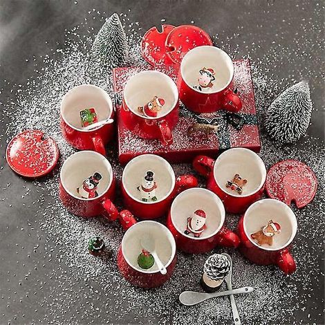 Ensemble de tasses de Noël en céramique avec figurines du Père Noël, couvercle et cuillère. Nouveau design de couvercle. Style Noël. Idéal pour le bureau ou la maison. Tasse à café/lait. (1/4)