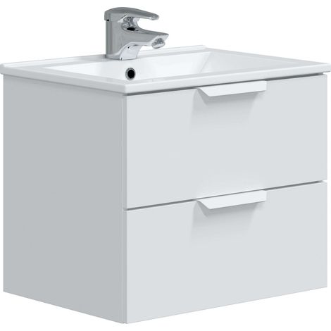 Miroytengo – Meuble de salle de bain suspendu 60 cm – 2 tiroirs blanc brillant – Lavabo encastré – Système Soft Close – Supports réglables (1/6)