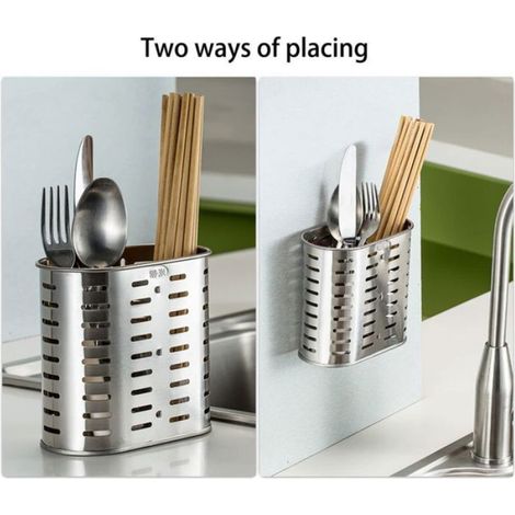 Égouttoir à couverts, panier à couverts, organisateur évier acier inoxydable, rangement ustensiles cuisine.(B) (1/5)