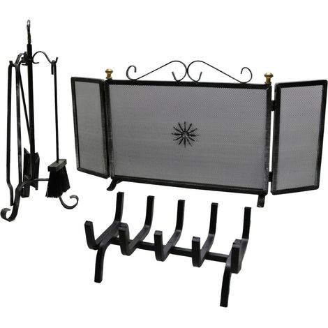 Fonderia Bongiovanni – Serviteur de cheminée 3 éléments – Outils en fer forgé – Pare-étincelles 82x40cm – Poêle à bois 31x20x15cm – Perche 56cm