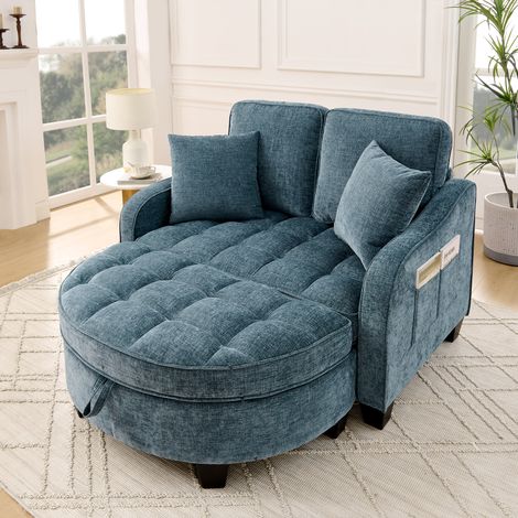Sofa-Bett 132/129/93 cm in Blau mit Aufbewahrungshocker, platzsparendes 2-in-1 (1/5)