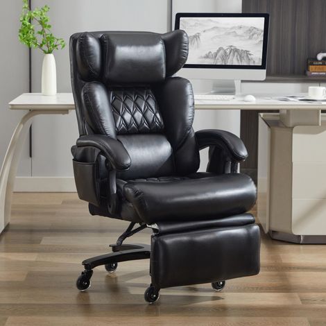 Fauteuil de bureau ergonomique 001-XXL, de direction avec fonction massage et chauffage, cuir PU, repose-pieds, pivotant à 360°, dossier réglable, jusqu'à 150 kg, pour bureau et télétravail (noir)