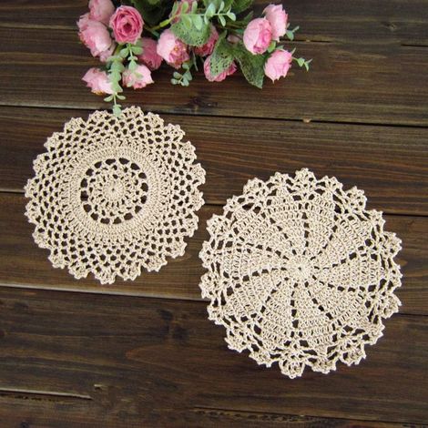 Placemat En Dentelle Coton Rond - 18 cm De Diamètre - Fait Main Avec Motif Floral - Pour Table Ou Plateau De Service - Lot De 4