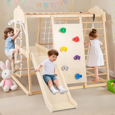 Gymnase Intérieur 8-en-1 pour Enfants Jouets d'Escalade en Bois Montessori avec Barres à Singe Toboggan Balançoire pour 3+ Ans Naturel (1/2)