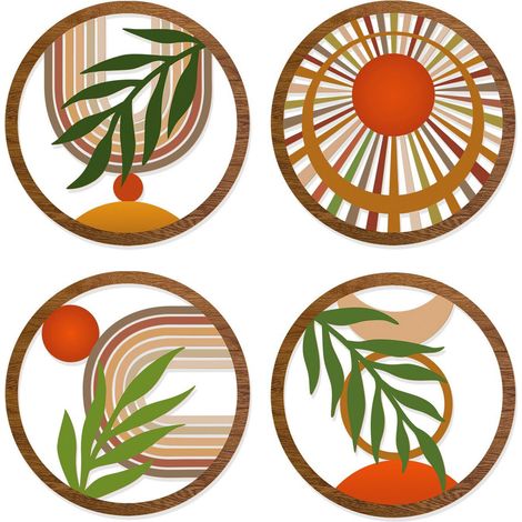Décoration Murale Bois - Suspension Murale Artisanale - 4 Pièces Motiv Nature : Soleil, Feuilles, Arc-en-ciel - Design Bohème Minimaliste (1/5)