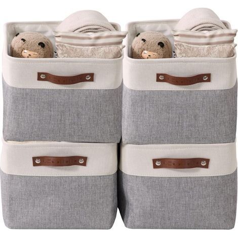 paniers de rangement pliables en tissu cationique robuste et pliable avec poignées pour étagère pour chambre d'enfant ou penderie (Gris et blanc, Large - 4 Pack) (1/2)