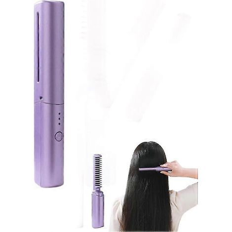 Portable Cordless Negative Ion Heating Hair Straightening Brush - Purple (1/5)