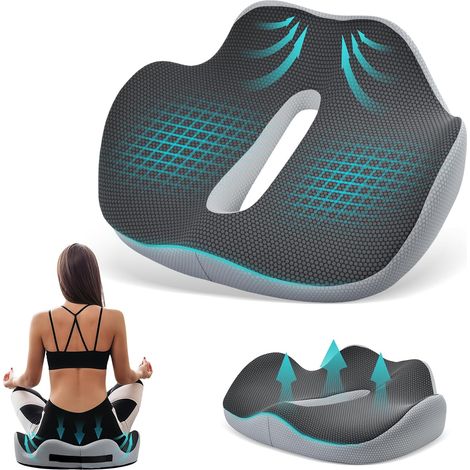 Coussin Coccyx, Coussins Siege Voiture Canapé avec Trou Poignée, Coussin Chaise Bureau Assise Ergonomique Orthopédique Respirant Antidérapant, Mousse à Mémoire, pour Soulager Douleurs Hanche (Gris) (1/5)