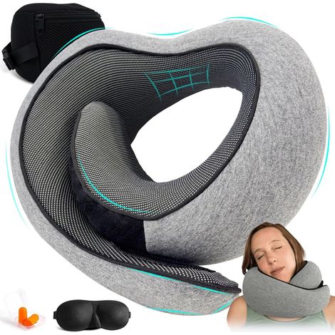 Travel Pillow, Travel Pillow, Airplane Pillow, Shape Memory Cushion, Airplane Head Rest – Pure Memory Foam, Ideal for Travelling by Airplane, Car (1/5)