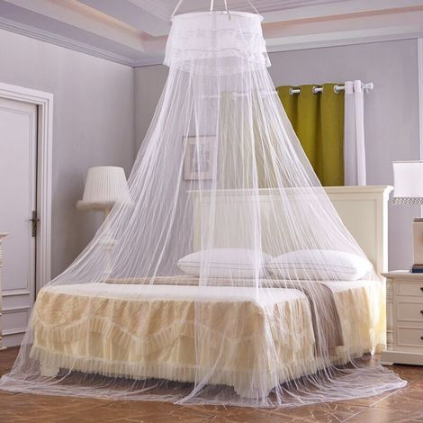 Moustiquaire dôme en polyester blanc à maille fine, hauteur 250 cm × diamètre supérieur 60 cm, pour lit 1 ou 2 places, fixation au plafond, 1 pièce (1/4)