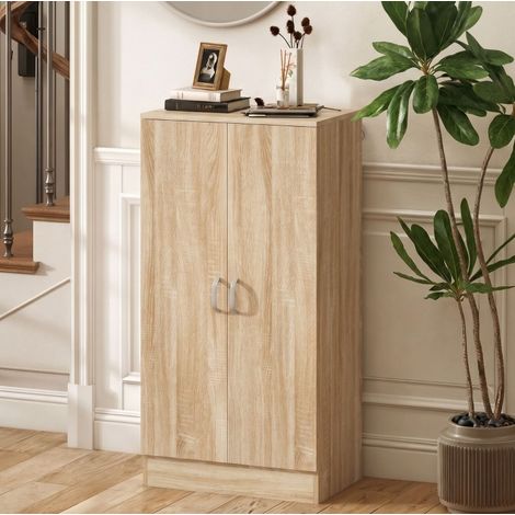 Zapatero de 2 puertas, 6 estantes regulables, 14 pares, acabado madera natural HAVRYA (1/4)