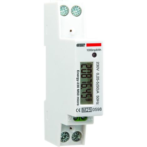 Contatore Energia Elettrica Monofase da Barra DIN Misuratore Consumo Elettrico MID Corrente Massima Misurabile 50A Vemer VE798900 Energy M50 Micro
