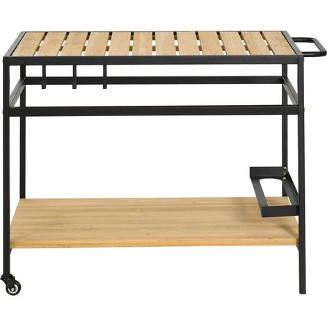 Gartenwagen aus Holz und Metall mit Grillplatte, 2 Ablagen, 3 Haken, 107 x 65 x 80 cm, schwarz und natur